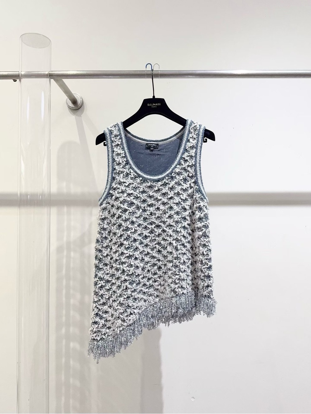 CHANEL Light Blue Textured Fringe Knit Tank